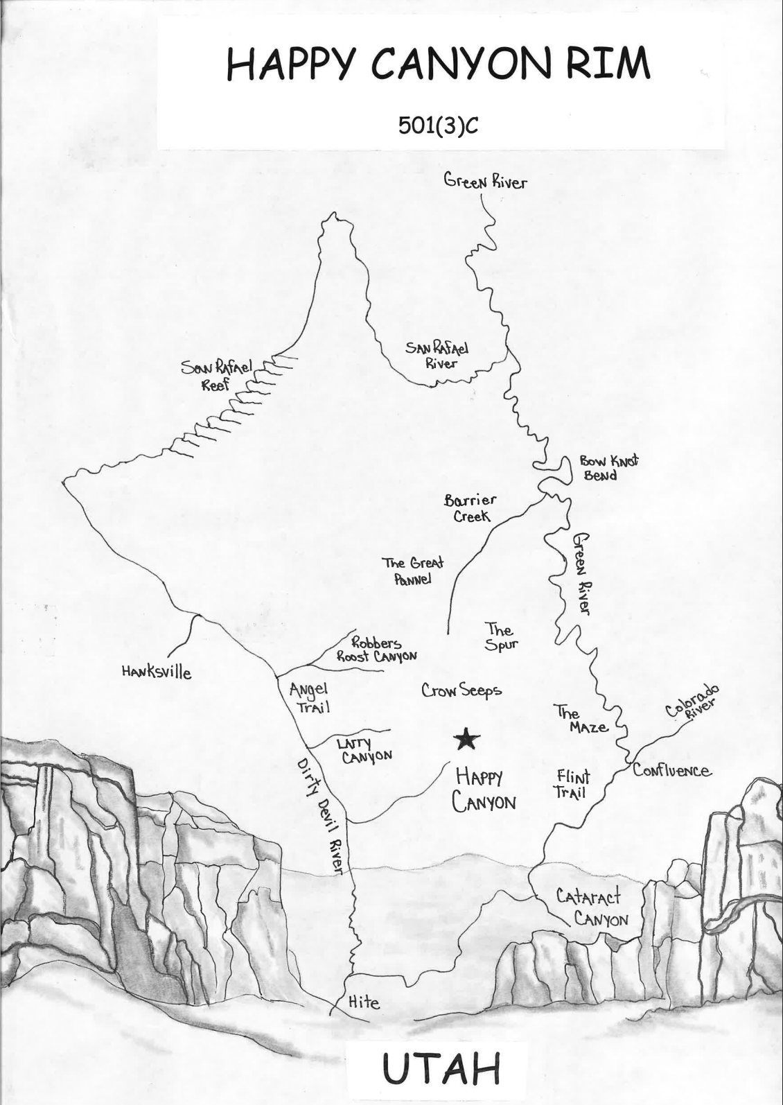 Hand-drawn map of the Happy Canyon Rim region in Utah