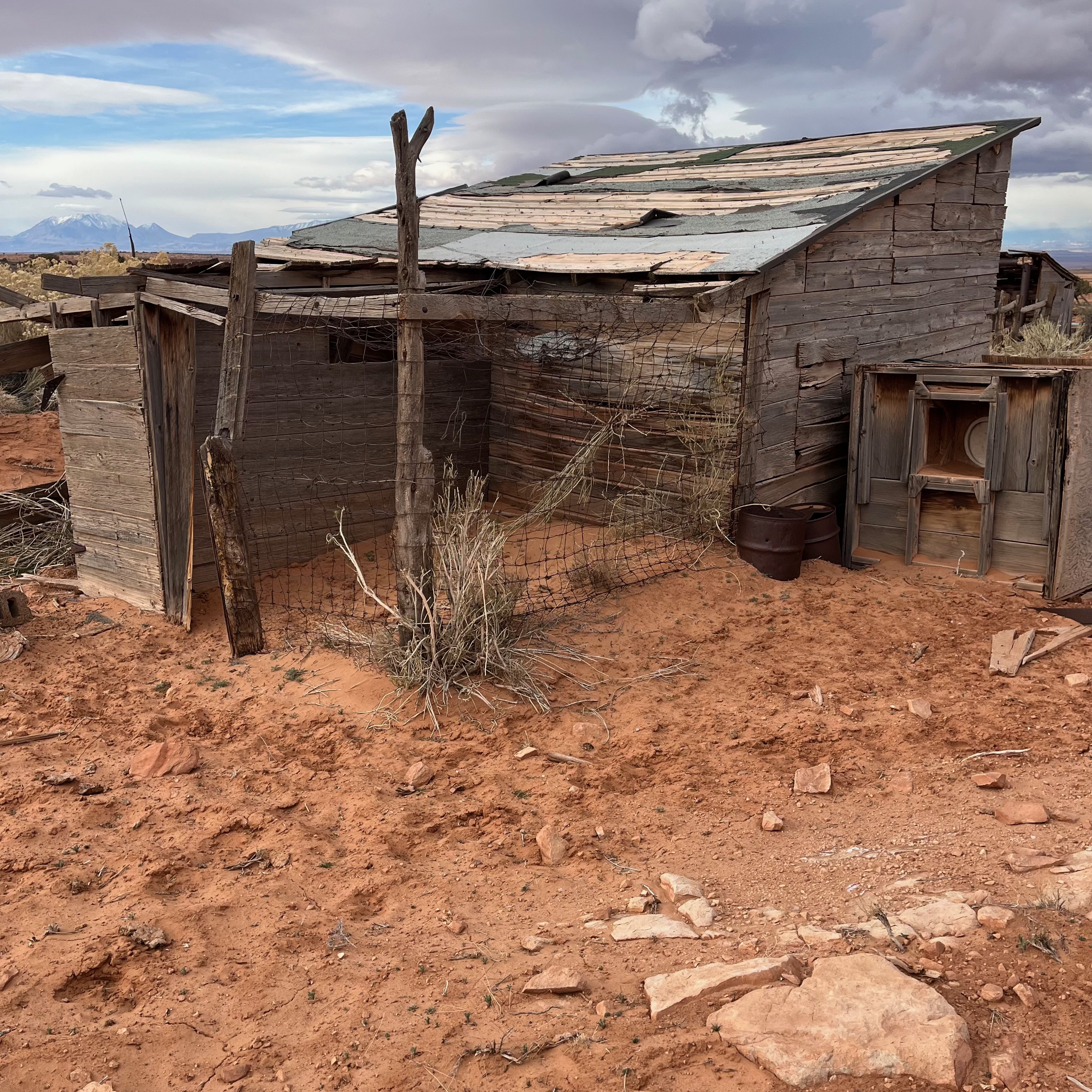 Old chicken coop with desert landscape